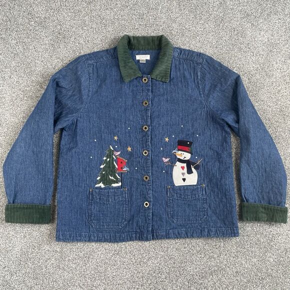 Christopher & Banks Christmas Denim Jacket Snowman Embroidered Size Large - Picture 1 of 13